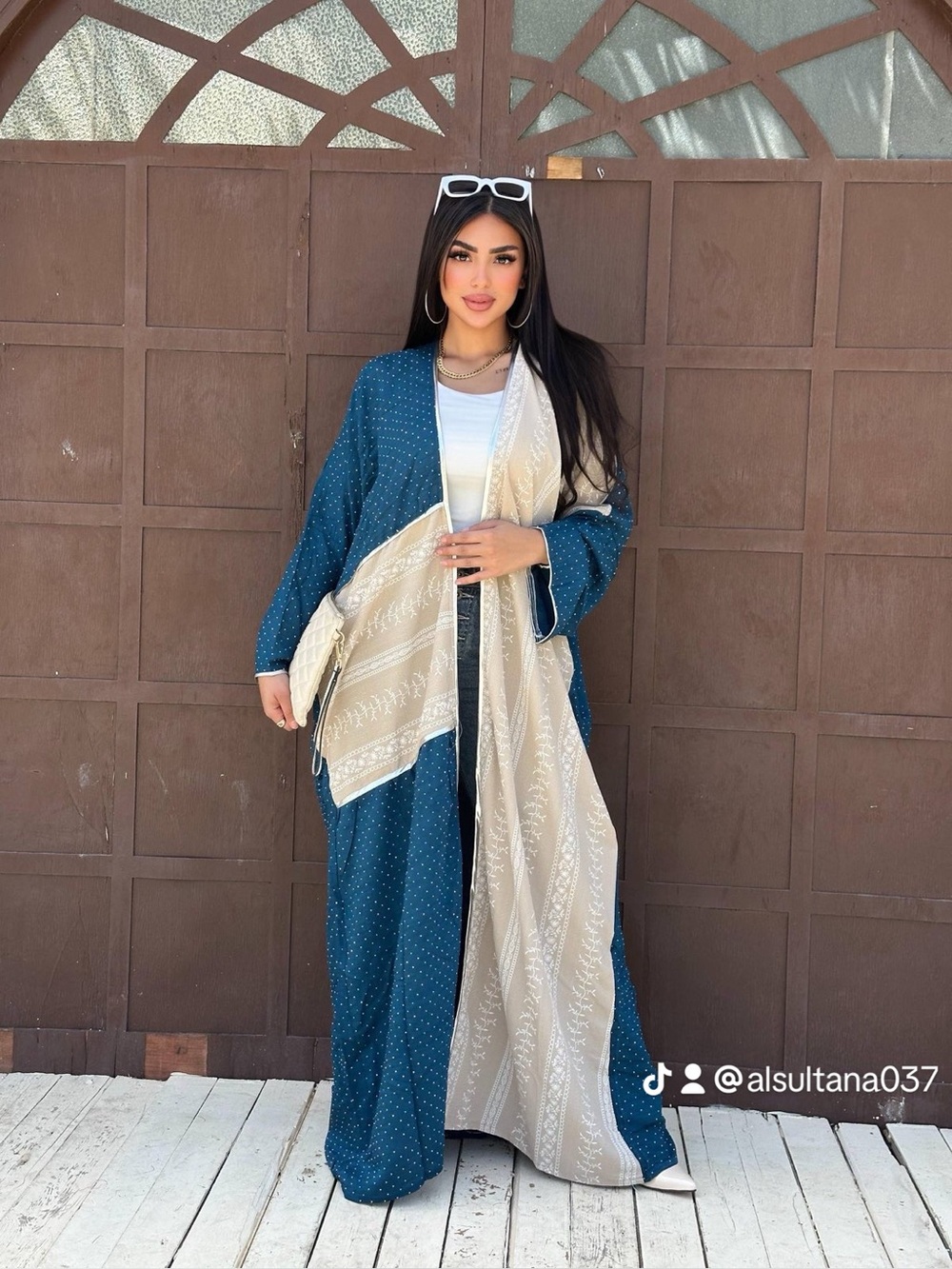 NWT Modest Colorblock Abaya Kimono Cardigan Maxi Blue & Beige Print one size